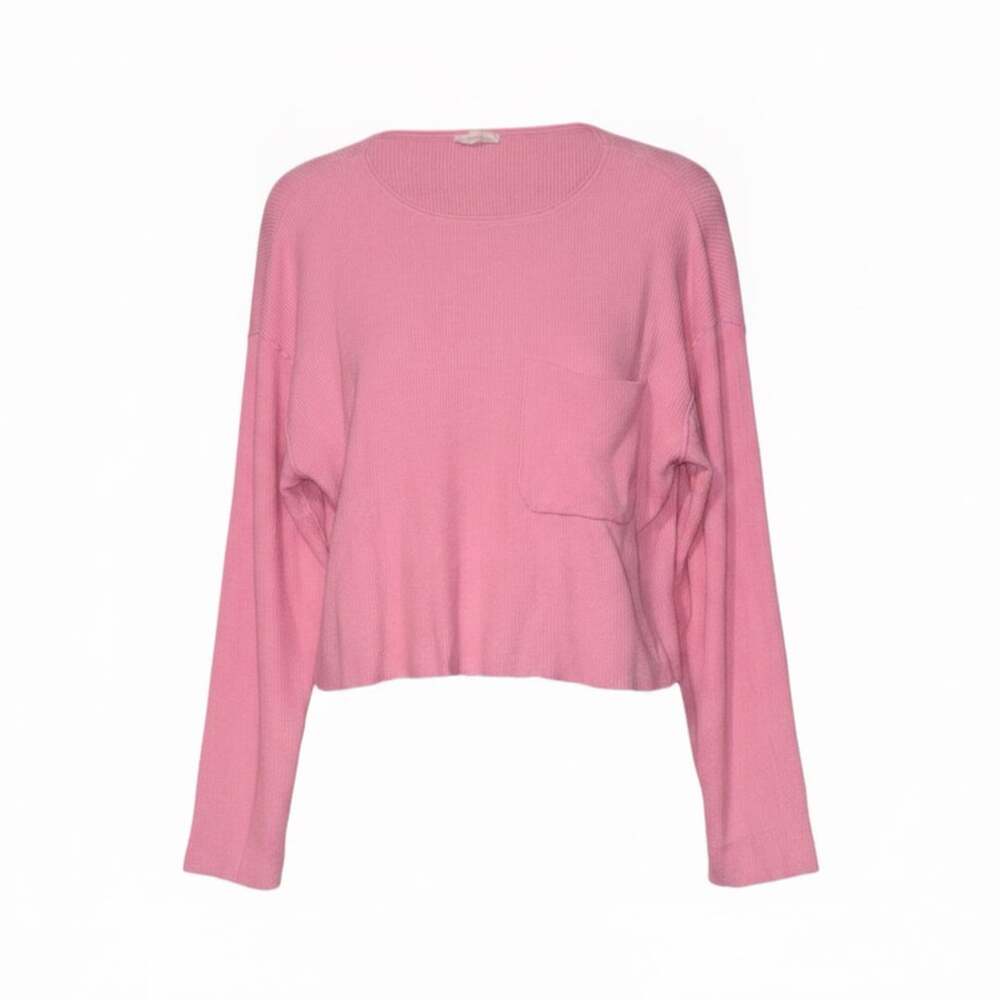 Merci Womens Pink Long Sleeve Ribbed Cropped Sweater with Pocket Mediu